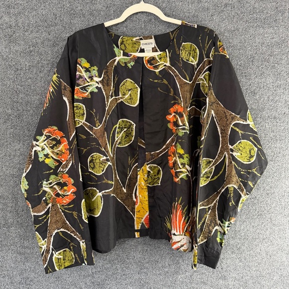 Chico's Tops - Chicos Womens 100% Silk Single Snap Open Front Jacket Size XL Safari Artsy